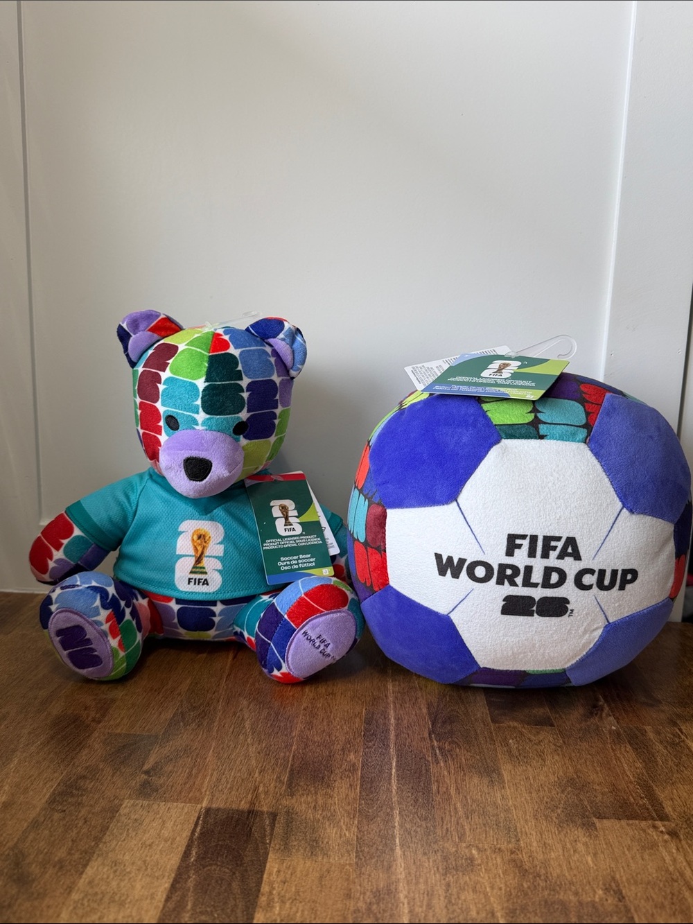 FIFA Multicolor Patchwork Bear Plush with Matching Soccer Ball - Blue/Multicolor
